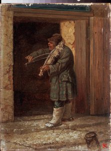 Muzyk. (Skrzypek żebrak grający przed wejściem do wiejskiego budynku). Obraz Leonida Iwanowicza Solomatkina (1837-1883)