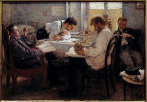 W przeddzień egzaminu Studenci oceniający egzaminy. Obraz Leonida Osipowicza Pasternaca (1862-1945) 1895 niedz. 0,39x0,55 m Paryż, musee d