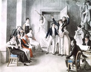 Muzyczne spotkanie Schubertów. Schubert siedzi na krześle po prawej stronie. Akwarela Kupelniesen