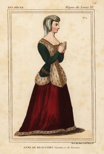 Anna Rogier de Beaufort, wicehrabina de Turenne 1435-1479. Litografia ręcznie kolorowana według okna ze szkła nierdzewnej w kościele Cordelieres de Nantes w tece Rogera de Gainieres VI 11 z Le Bibliophile Jacob aka Paula Lacroix