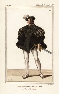 Franciszek III, książę Bretanii 1518-1536. Francois, delfin wiedeński i książę Bretanii. Ręcznie kolorowana litografia autorstwa J.B. Gautier według portretu z teki Rogera de Gainieresa VIII 14 z książki Le Bibliophile Jacob alias Paula Lacroix Costumes Hi