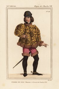 Pierre de Giac, szambelan króla Karola VII w latach 1377-1426. Wykonany przez utonięcie w Dun-Le-Roi. Nosi krótką sutannę z rękawami mahoitresowymi, różowe pantalony i buty z ostrogami. Litografia ręcznie kolorowana według miniatury w rękopisie Histoire du