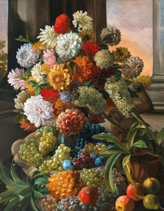 Leopold von Stoll Martwa natura z kwiatami i winogronami