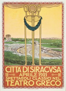 Plakat reklamowy sezonu teatralnego na greckiej arenie w Syrakuzach we Włoszech autorstwa Leopoldo Metlicovitz
