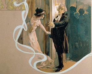 Ilustrowana pocztówka Leopoldo Metlicovitz (1868-1944) przedstawiająca scenę z Toski, opera Giacomo Pucciniego (1858-1924) autorstwa Leopoldo Metlicovitz