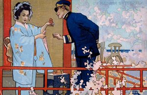 Pocztówka stworzona na premierę „Madame Butterfly”, w Brescii autorstwa Leopoldo Metlicovitz