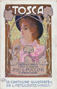 Strona tytułowa karty partytury do opery Tosca Pucciniego, ok. 1910 (litografia kolorowa) autorstwa Leopoldo Metlicovitz