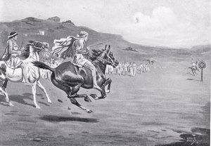 Jeźdźcy greccy rzucający oszczepem, ilustracja z „Historii Narodów Hutchinsona”, 1915