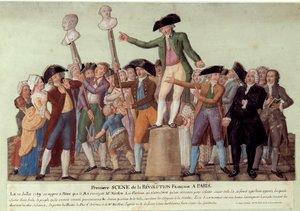 Pierwsza scena rewolucji francuskiej w Paryżu: 12.07.1789 r., po zdymisjonowaniu przez króla Jacquesa Neckera, Camille Desmoulins szykował tłum w Palais Royal i wezwał do buntu przeciwko rządowi. Popiersia Jacquesa Neckera i Louisa Phila autorstwa Lesueur Brothers