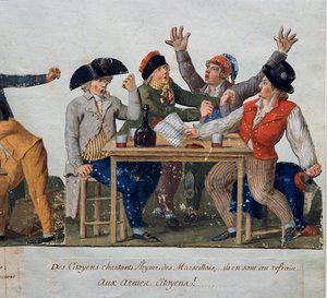 Rewolucja Francuska: „” Obywatele śpiewają hymn Marsylii: z bronią Obywatele…”” Bez majtek w karczmie śpiewają Marsylia. Grawerowanie braci Lesueur (XVIII wiek). Musee Carnavalet, Paryż