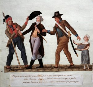 Rewolucja francuska: „”obywatel aresztowany, by zmusić go do nałożenia narodowego kokarda na kapelusz”” Gouache des freres Lesueur (XVIII w.) Musee Carnavalet, Paryż