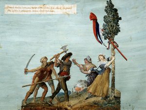 Rewolucja francuska: „” rabusie próbują zestrzelić drzewo Liberte, młode dziewczyny we łzach powstrzymują je od tego”. Jest to epizod wojen wandejskich, w których w 1793 r. doszło do licznych kontrrewolucyjnych wstrząsów. Gwasz braci Lesueur. 1793. Mus autorstwa Lesueur Brothers