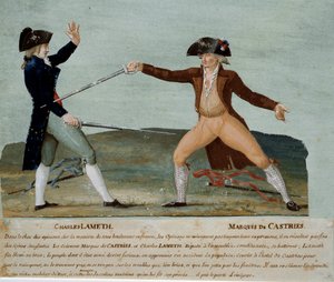 Rewolucja francuska: pojedynek między Charlesem Lamethem (1757-1832), deputowanym do Zgromadzenia Ustawodawczego, a markizem de Castries (1756-1842), deputowanym szlachty w dniu 12 listopada 1790. Ten ostatni rani Lametha, a tłum jakobinów szalał w jego ho autorstwa Lesueur Brothers