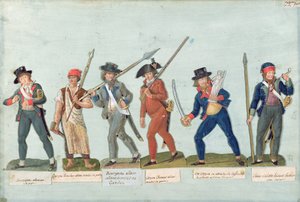 Sans Culotte zapala fajkę, młody rzeźnik, burżuj idący na straż, myśliwy, obywatel broniący swojej wolności, Sans Culotte pilnujący straży autorstwa Lesueur Brothers