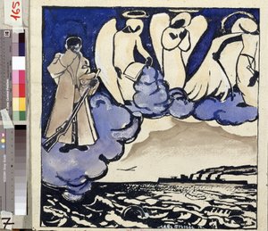 ""Wojna. Rosja. 1914"" Alegoria pierwszej wojny światowej. Żołnierz i anioły. Pióro i gwasz, Lew Bruni (1894-1948) 1914 Państwowe Muzeum Historii, Architektury i Sztuki, Rybinsk, Rosja autorstwa Lev Aleksandrovitc Bruni