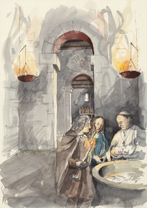 Chrzest w kościele św. Piotra, Barton-upon-Humber, Lincolnshire (akwarela na papierze) autorstwa Liam Wales