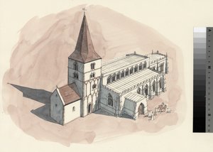 Rysunek rekonstrukcyjny kościoła św. Piotra w XV wieku (akwarela na papierze) autorstwa Liam Wales