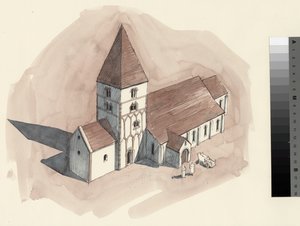 Rysunek rekonstrukcyjny kościoła św. Piotra w okresie normańskim (akwarela na papierze) autorstwa Liam Wales