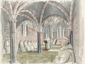 Rekonstrukcja kapitularza w opactwie Shap ok. 1530 r. (akwarela na papierze) autorstwa Liam Wales