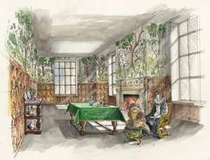 Rekonstrukcja Wielkiej Komnaty Leśnej w Hardwick Old Hall w 1601 roku (akwarela na papierze) autorstwa Liam Wales