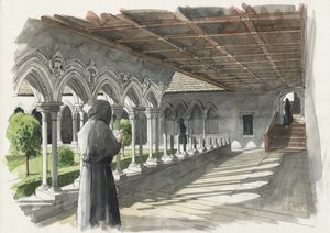 Rekonstrukcja klasztoru w Lanercost Priory (akwarela na papierze) autorstwa Liam Wales