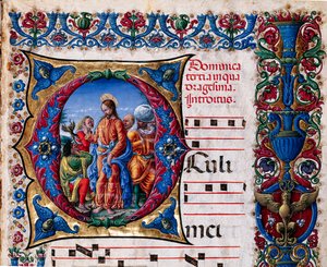 Biblioteka Piccolomini: księga chóralna, dorsz. 21,6 i nast. 2r z „Wyrzuceniem ducha nieczystego”, Liberale da Verona (ok. 1445-1527/9). Szczegół.