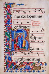 Biblioteka Piccolomini: księga chóralna, dorsz. 24,9, nn. 67v z „Uzdrowieniem trędowatego” Liberale da Verona (ok. 1445-1527/9).