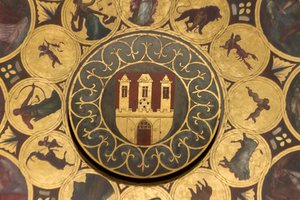 Zamek, detal tarczy kalendarza, pod zegarem astronomicznym Ratusza Staromiejskiego, Praga (Lista Światowego Dziedzictwa UNESCO) autorstwa Unbekannt Unbekannt
