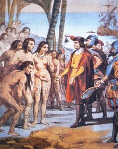 Krzysztof Kolumb ląduje w Nowym Świecie w 1492 roku i zostaje witany przez Indian Taino (kolor lito) autorstwa Unbekannt Unbekannt