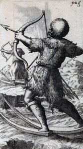 Myśliwy z łukiem i strzałą na krótkich nartach, ilustracja z De Calceo Antiquo, autorstwa B Balduinus autorstwa Unbekannt Unbekannt