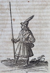 Mieszkaniec Kanady (Francja Canadienne) z rakietami śnieżnymi, ilustracja z Description de la Nouvelle France autorstwa Unbekannt Unbekannt