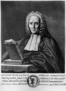 Portret Giuseppe Averaniego, znanego jako Averanus (1662-1738), włoskiego prawnika i przyrodnika, akwaforta z serii portretów wybitnych toskańskich mężczyzn, wydanej przez Allegrini autorstwa Unbekannt Unbekannt