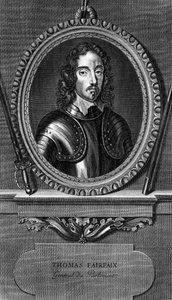 Portret Thomas Fairfax, 3. Lord Fairfax Cameron (1612-1671), angielski generał i parlamentarny dowódca naczelny podczas angielskiej wojny domowej, grawerowanie autorstwa Unbekannt Unbekannt