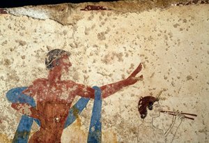 Procesja ze sportowcem, detal, fresk z Grobowca Nurka, Paestum, Kampania, Włochy, Starożytna cywilizacja grecka, Magna Graecia, III wiek p.n.e. (zdjęcie) autorstwa Unbekannt Unbekannt