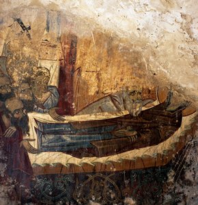 Pozostałości fresku w bizantyjskim kościele Agios Georgios Xifoforos, Apodoulou, Kreta, Grecja (zdjęcie) autorstwa Unbekannt Unbekannt