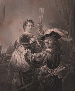 Rembrandt z żoną Saskią, grawer H Payne z obrazu Rembrandta z Królewskiej Galerii Drezdeńskiej Payne, Albert Henry Payne, H Payne Dresden i Leipzig Publisher, ok. 1840 autorstwa Unbekannt Unbekannt