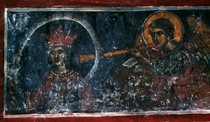 Święty grający na rogu, fresk w kościele Agios Ioannis Prodromos, Margarites, Kreta, Grecja (foto) autorstwa Unbekannt Unbekannt