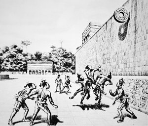 Gra w piłkę „Tlachtli” rozegrana w Chichen Itza (litografia) autorstwa Unbekannt Unbekannt