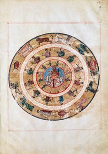 Rydwan słoneczny i znaki zodiaku, miniatura z rękopisu z wczesnego średniowiecza, tablica astronomiczna Ptolemeusza (ok. 100-175), cywilizacja hellenistyczna autorstwa Unbekannt Unbekannt