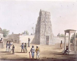 Pagoda w Strupermador, tablica 23 z „Pejzaż malarski w Królestwie Mysore”, sztych. H. Merke (fl.1800-20) wyd. Edward Orme (1774-c.1820) 1804 (akwatinta)