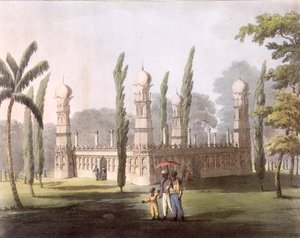Grobowiec Killadera, Ouscottah, tablica 27 z "Pictorial Scenery in the Kingdom of Mysore", rytowane przez H. Merke (fl.1800-20) opublikowane przez Edwarda Orme (1774-c.1820) 1804 (akwatinta)