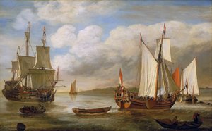 Różnorodne holenderskie łodzie: żaglówki, statki i barki. Olej na płótnie autorstwa Lieve Pietersz Verschuier (1630-1686).