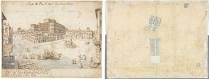 Osiemnaście widoków Rzymu: Piazza Barberini (recto); Trasa fontanny z prostokąta i szkice dwóch twarzy (verso)