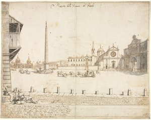 Osiemnaście widoków Rzymu: Piazza del Popolo (recto) autorstwa Lievin Cruyl