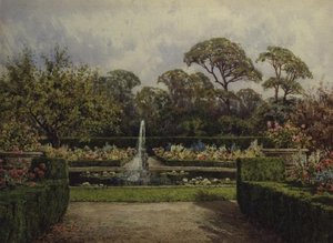 Ogród Lily Pond z Okrągłym Stawem i Fontanną Cherubina (akwarela i gwasz) autorstwa Lilian Stannard
