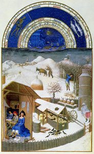 Faksymile z lutego: scena podwórkowa z chłopami, skopiowana z „Tres Riches Heures du Duc de Berry” (oryginał patrz 8434)