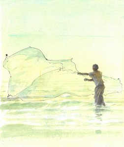 Lone Fisherman 2, 2015 (pióro i atrament z toaletą na papierze) autorstwa Lincoln Seligman