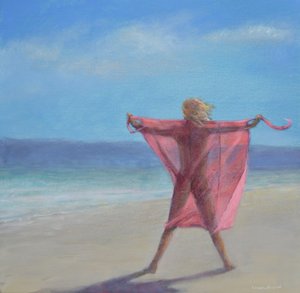 Różowe Sari na plaży autorstwa Lincoln Seligman