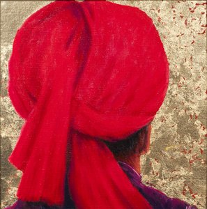 Czerwony Turban na złotym liściu, 2014 (olej na płótnie z płatkami złota)