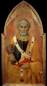 Przedstawienie św. Piotra (San Pietro) Detrempe na drewnie autorstwa Lippo Memmi (znanego w latach 1317-1347) XIV w. Słońce. 0,94x0,44 m - Reprezentacja św. Piotra (San Pietro). Tempera na drewnie autorstwa Lippo Memmi (znana od 1317 do 1347)